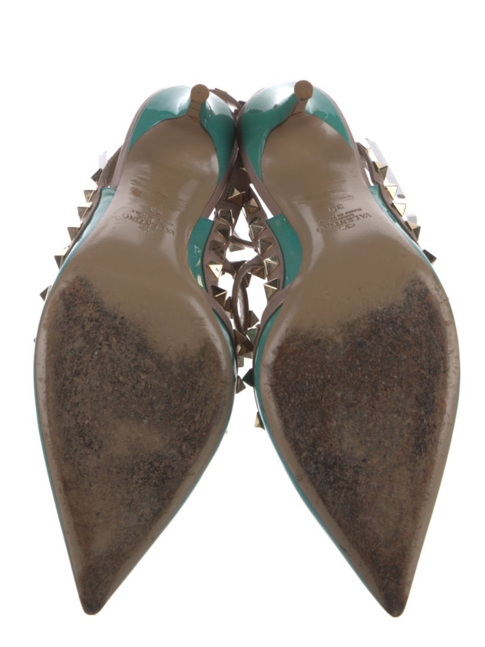 Valentino Teal Patent Leather Rockstud T-Strap Pumps with Tan Straps - Picture 4 of 4